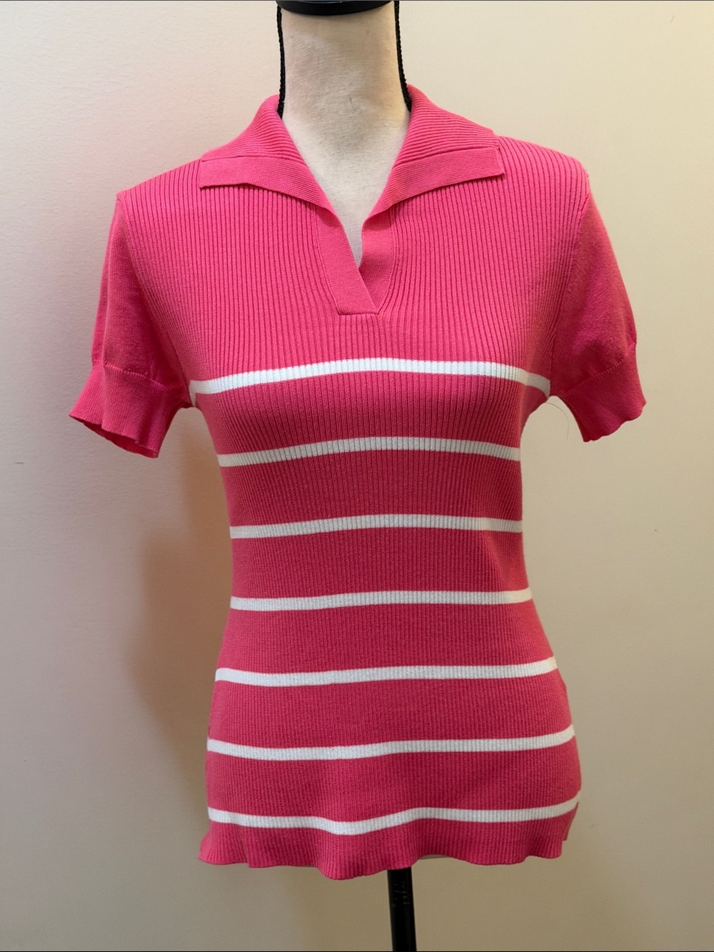 Izod Pink & White Horizontal Stripe V-neck Top Sz S NWT
